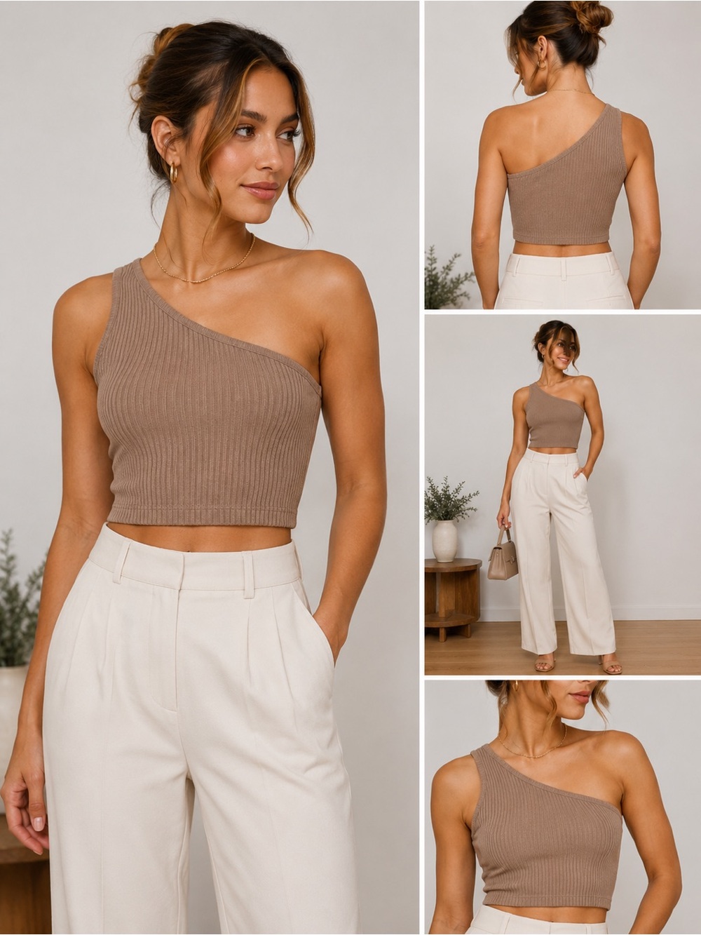 Babaton Aritzia Ribbed One Shoulder Knit Top Taupe XS Asymmetrical